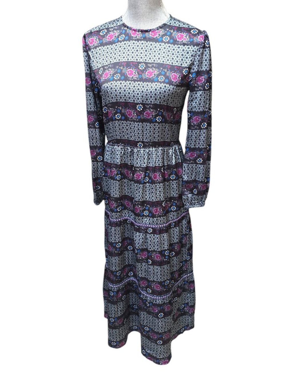 English Women's Floral Tiered Skirt Bohemian Midi Dress Size Small